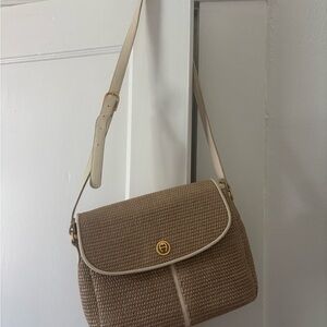 Vintage French Woven Crossbody Bag in Beige with Cream and Gold Trim